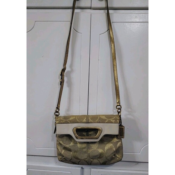Coach Signature Metallic Gold Canvas Leather Trim FoldoverCrossbody Bag - Picture 4 of 10